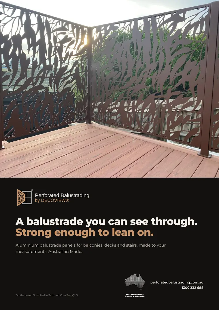 The Perforated Balustrading brochure: the cover, the colours page and the designs page