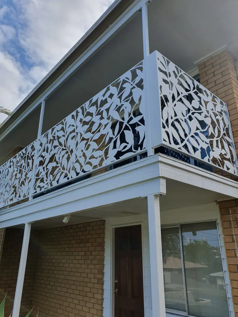 White Ficus panels across a timber balcony.