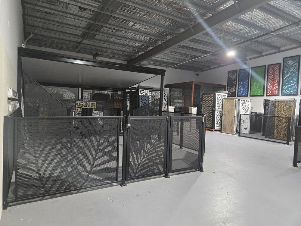 The Decoview showroom at Molendinar on the Gold Coast, with Pool Perf panels on display